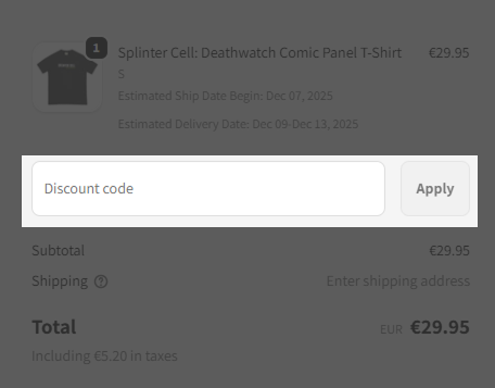 Discount code field highlighted in the Shops' checkout.